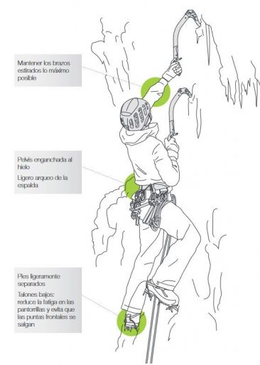 Posición básica para la escalada en hielo Ilustración Petzl Posición básica para la escalada en hielo Ilustración Petzl