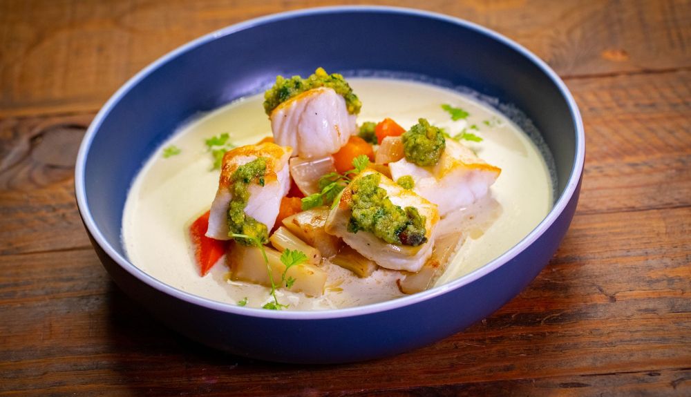 Gerald Hirigoyen Poached Halibut with Pistachio Soup H Gerald Hirigoyen Poached Halibut with Pistachio Soup H