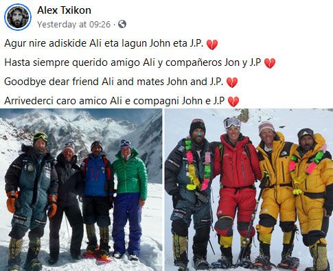 Alex Txikon se despide de los alpinistas desaparecidos en el K2
